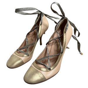 Chanel Ribbon Ankle Wrap Ballet Pump Heels Gold Size 38.5